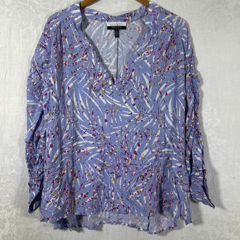 Eloquii Elements Blouse 24 Blue Pink Floral Ruched Sleeves Popover